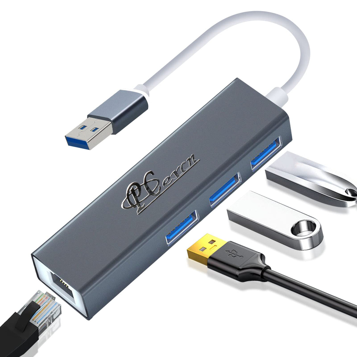 Pcercn Usb 3.0 Hub, 1000Mbps Ethernet Adapter, 3 Port Usb3.0(5Gbps)+1 Port Rj45 10/100/1000 Gigabit Ethernet Adapter For Windows