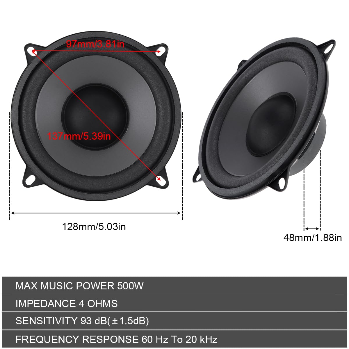 Drisentri 2 Pieces 5 Inch 500W 2 Way Car Hifi Coaxial Speaker Vehicle Door Auto Audio Music Stereo Full Range Frequency Speakers