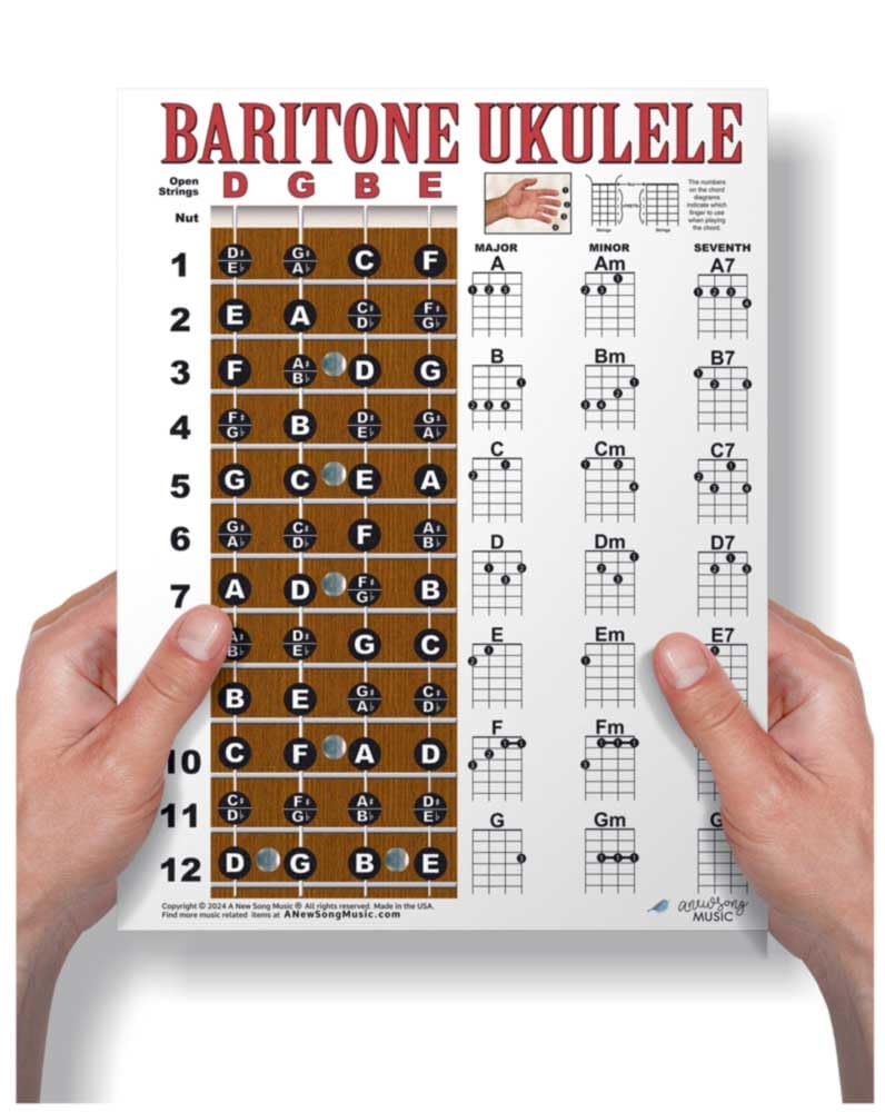 Laminated Baritone Ukulele Fretboard & Chord Chart Easy Instructional Poster Bari Uke Notebook 8.5x11 | A New Song Music