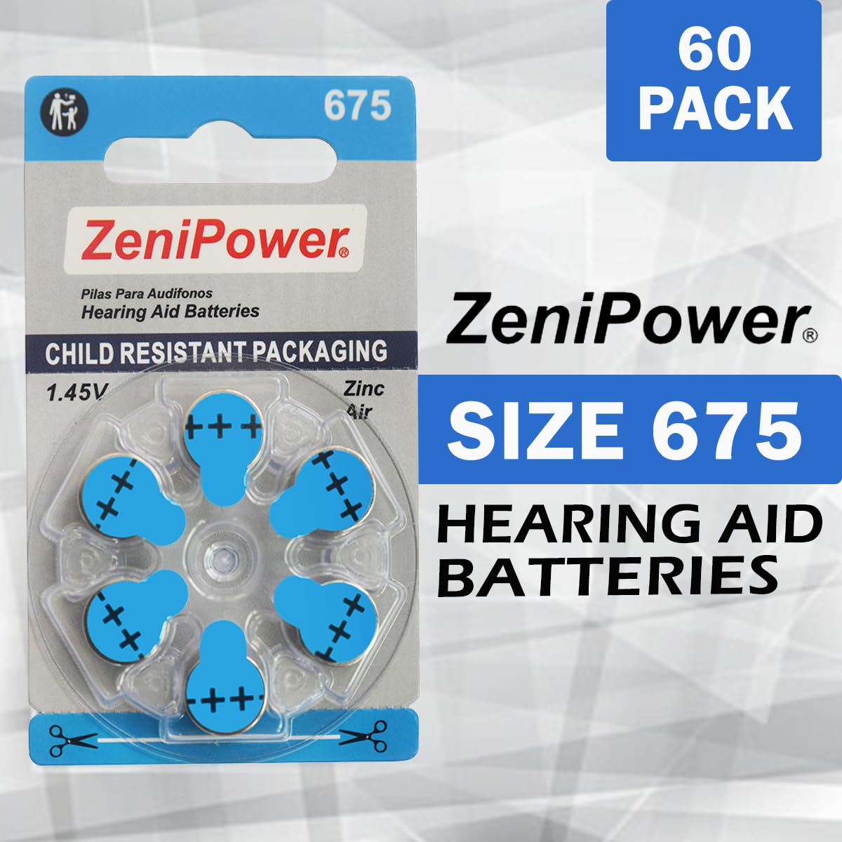 Zenipower Size 675 Mercury Free 1.45V Hearing Aid Batteries Zinc Air (60 Batteries)