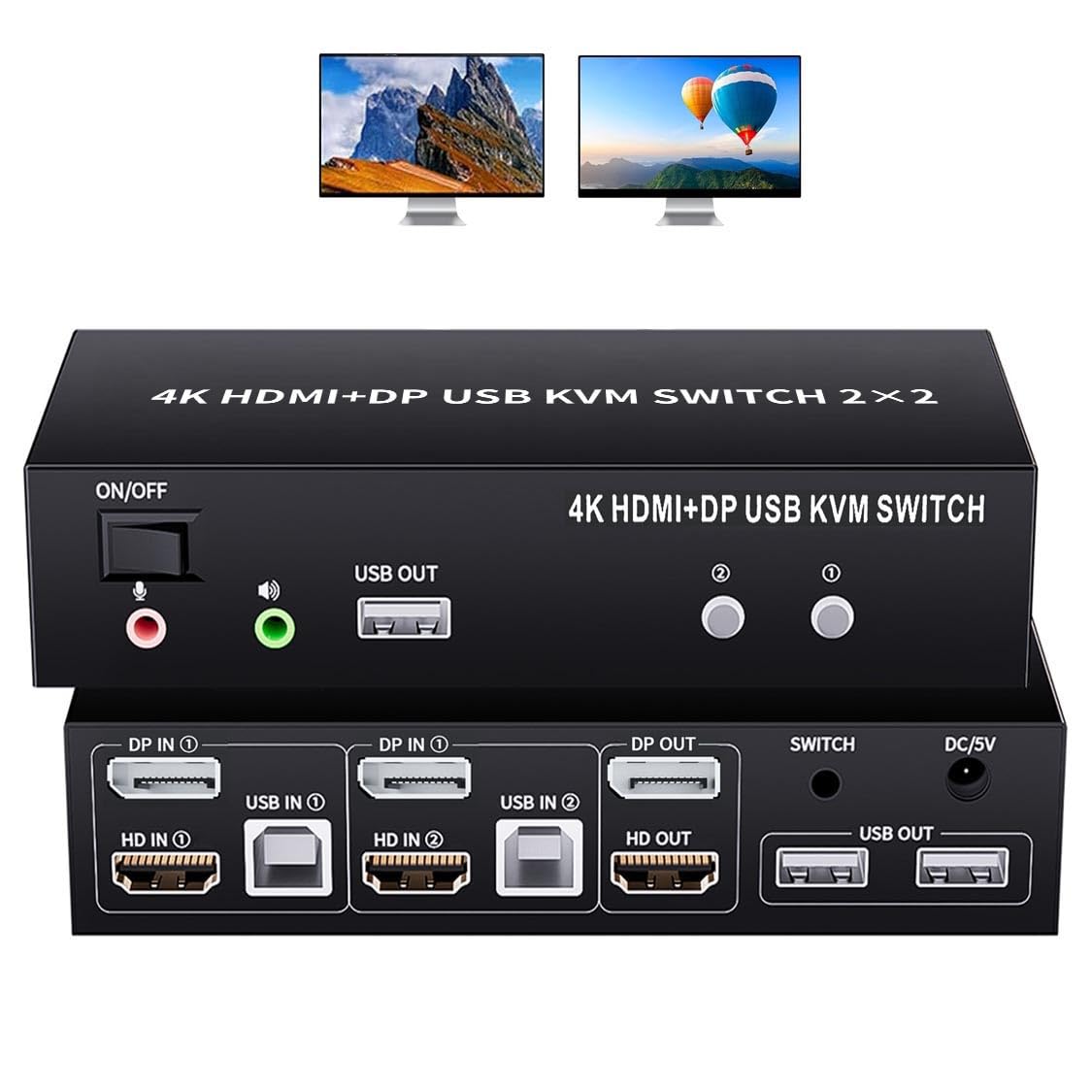Hdmi Displayport Kvm Switch 2 Monitors 2 Computers, 4K@60Hz Usb 2.0 Dp 1.4 Kvm Switch W/Audio Micro, Dual Monitor Supports Exten