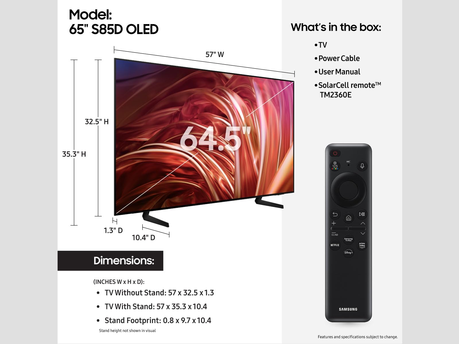 Samsung 65 Inch Class Oled 4K S85D Series Hdr Smart Tv W/Dolby Atmos, Object Tracking Sound Lite, Contour Design, Motion Xcelera