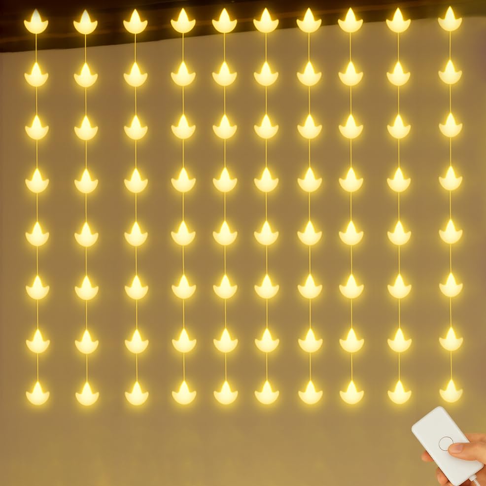 Gesto 80 Diya Curtain Lights  Warm White Fairy Lights With 8 Modes Controller | Ac Powered Diya Lights For Home,Balcony,Mandir,P