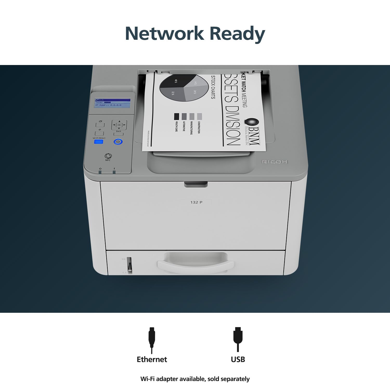 RICOH 132 P Black & White Laser Printer | 34ppm | Ethernet, USB | Duplex Printing