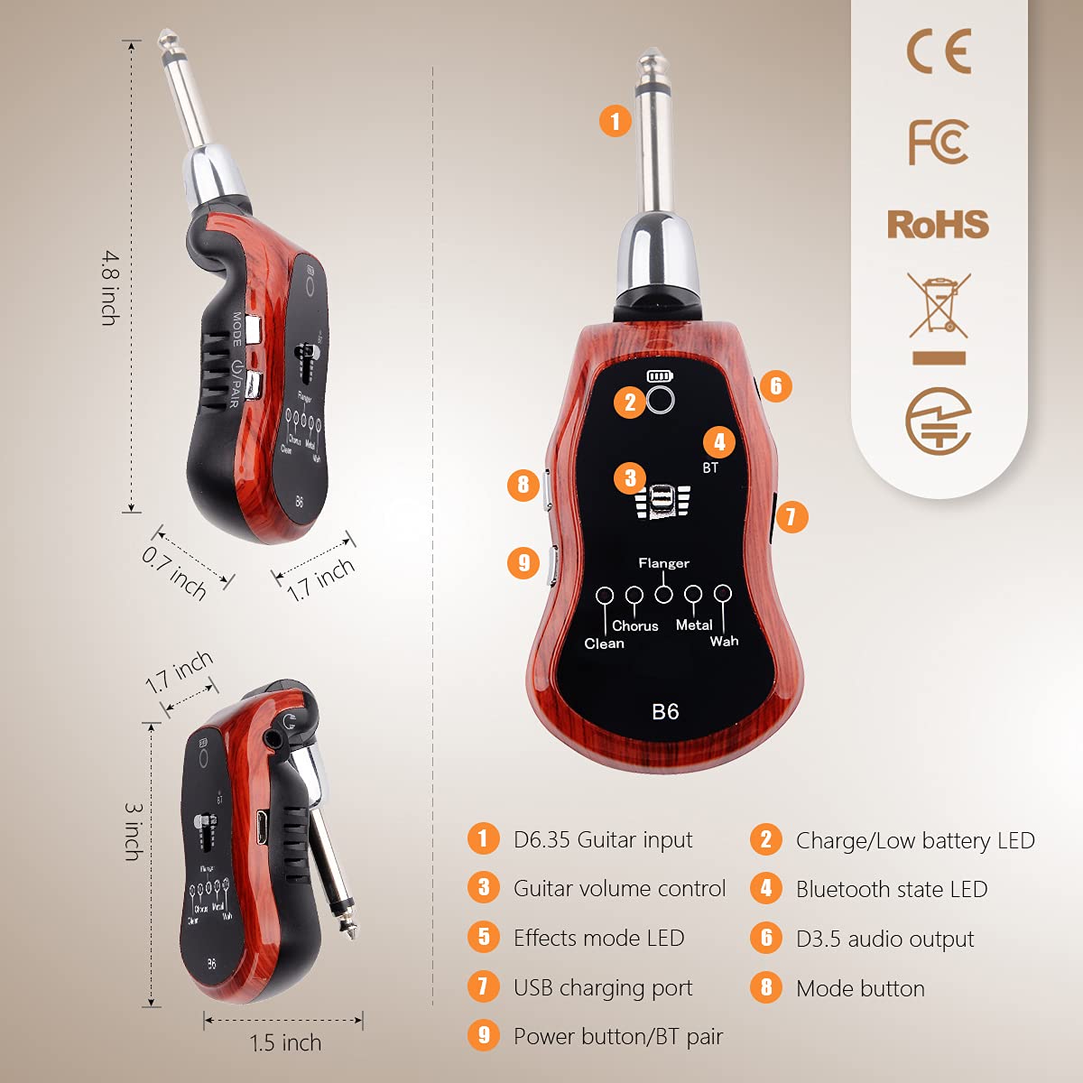 Kithouse B6 Guitar Headphone Amp Mini Plug Guitar Amplifier Bluetooth Receiver Rechargeable For Electric Travel Pocket Guitar Wi