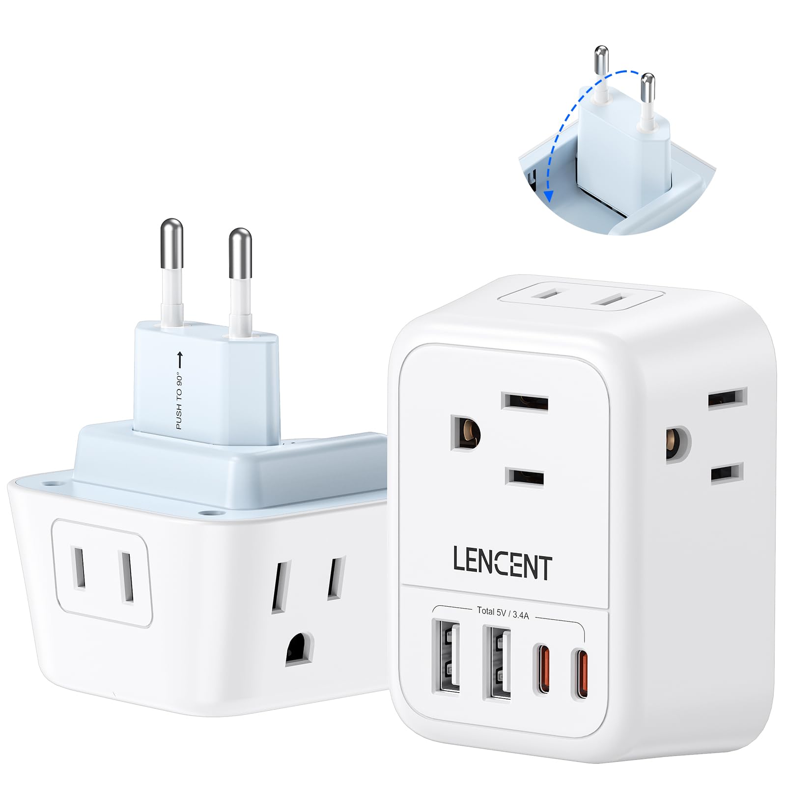 Lencent European Travel Plug Adapter, Foldable Us To Europe Plug Adapter With 4 Outlets, 4 Usb (2 Usb C) Charger Adapter, Type C