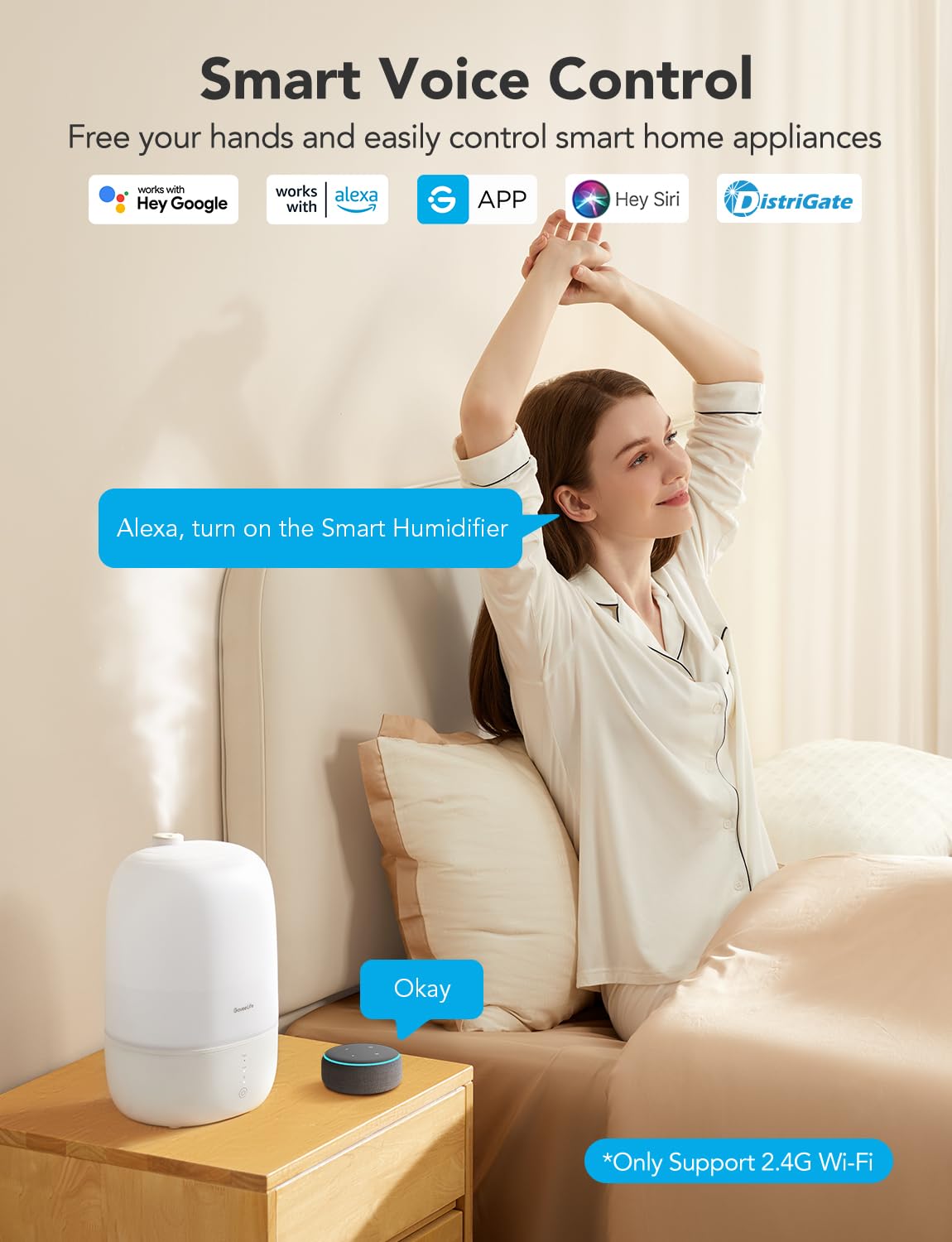 Goveelife Smart Humidifiers For Bedroom, 3L Top Fill Cool Mist Humidifiers With Essential Oil Diffuser, Humidity Control, Wifi A