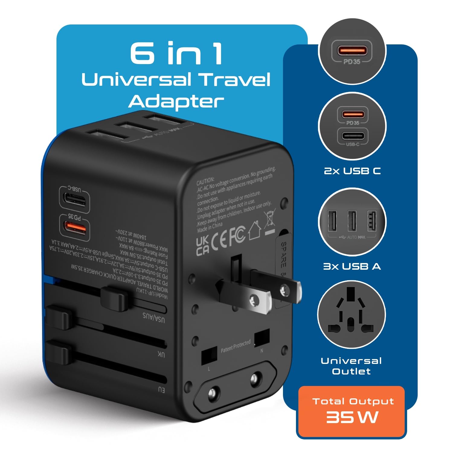 Ceptics Universal Travel Adapter, 35W International Power Adapter With Pd & Qc 3.0 Dual Usb-C, 3 Usb Travel Adapter Worldwide, T