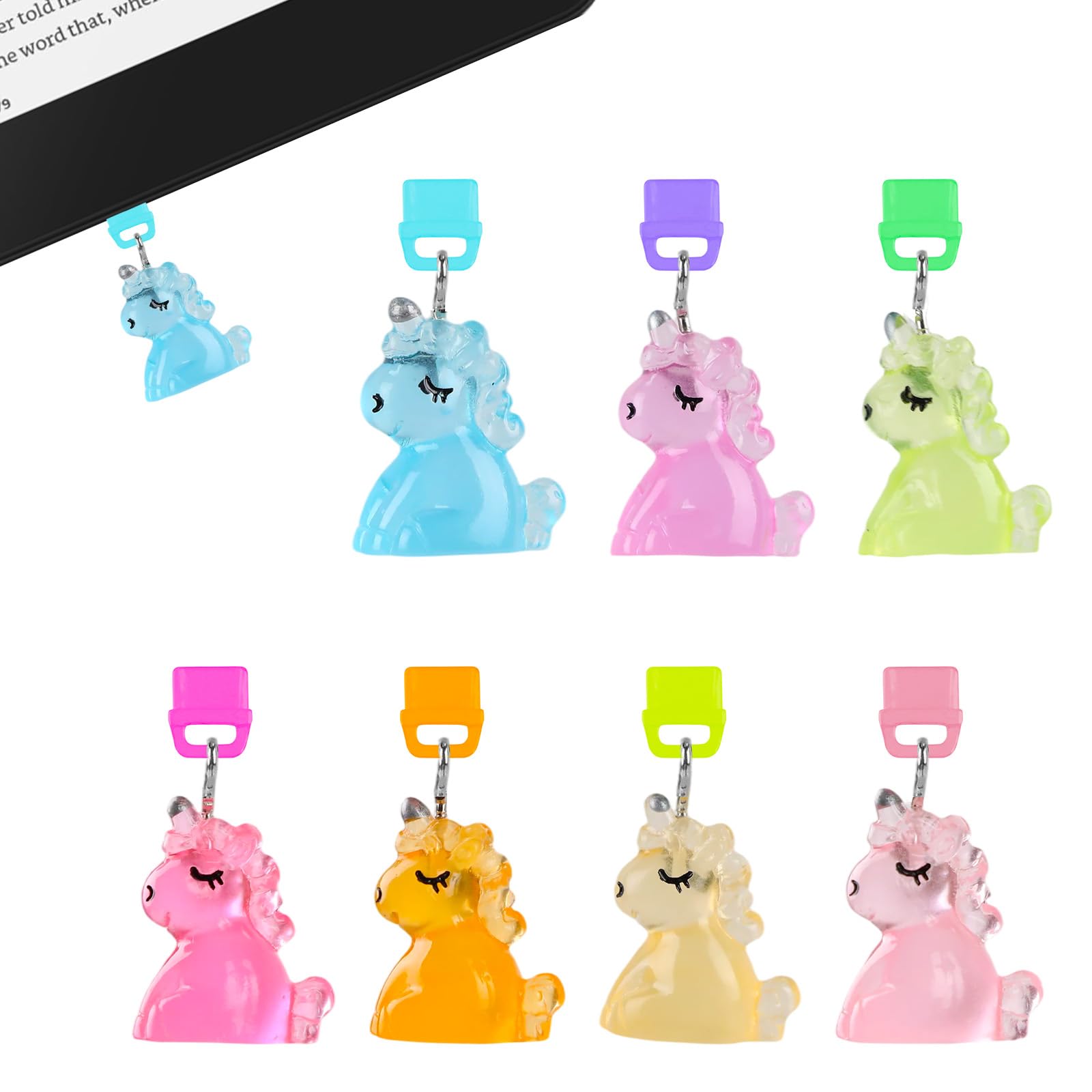 TAKEALOOKO Dust Plug Charms for Kindle - 7Pcs Fluorescent Resin Cute Pony Dustplug Accessories, Gift for E-Reader Book Lovers Wo