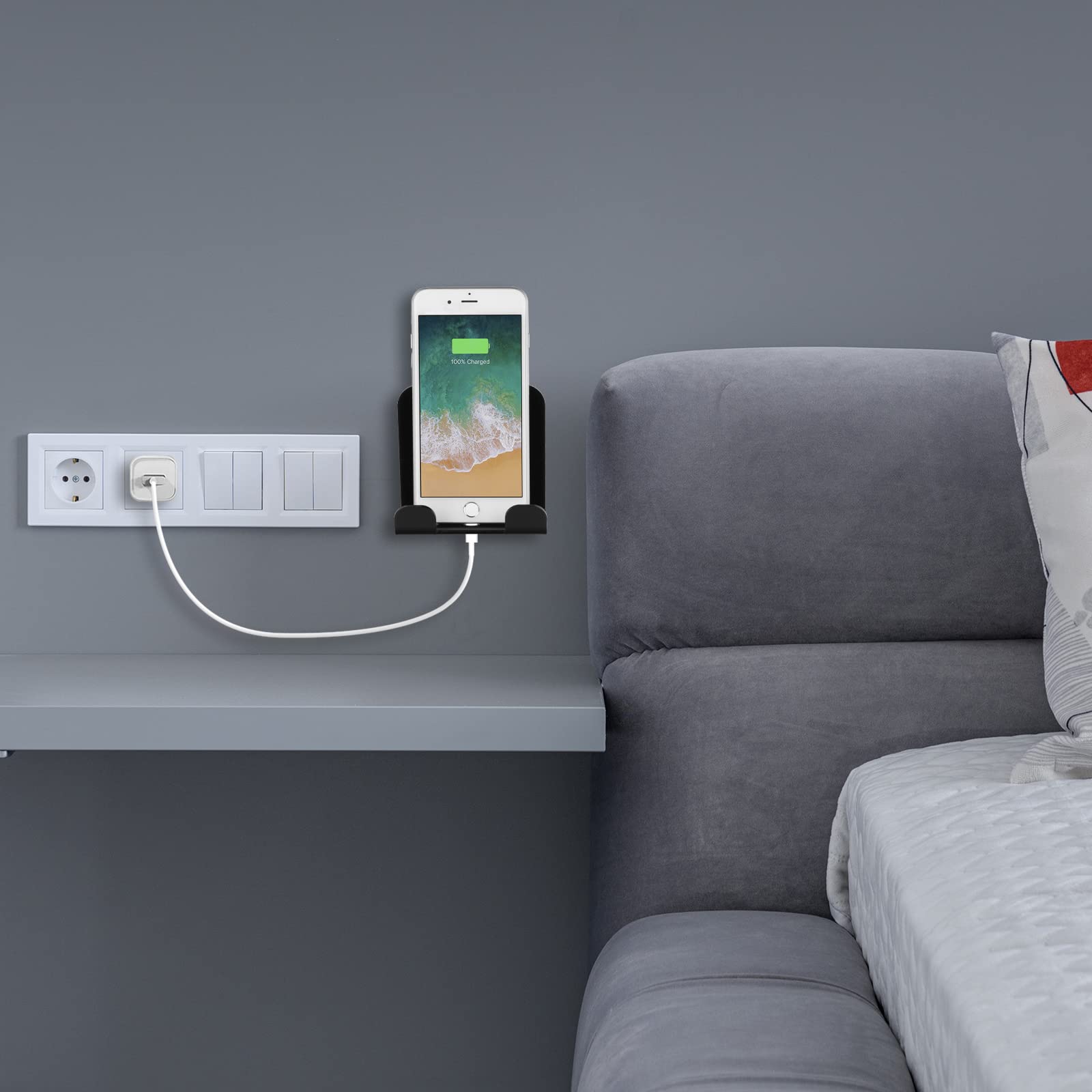 Cosmos 2 Pcs Wall Mount Phone Holder, Smartphone Charging Stand Wall Rack, Bedside Organizer Storage Bracket Compatible With Mos