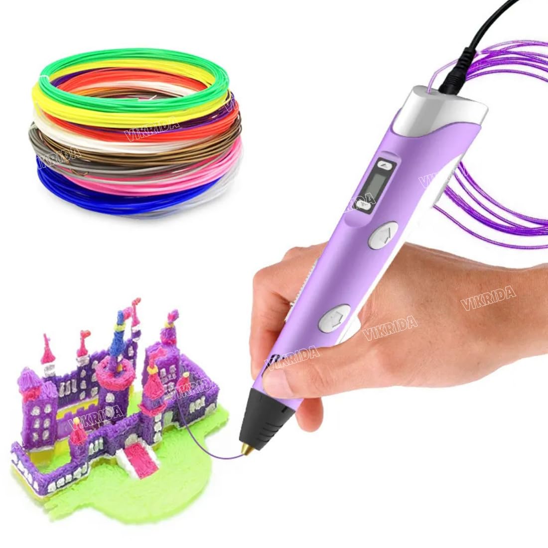 Vikrida 3D Printing Pen For Creative Work With Lcd Display With 3 Colors Pla Filament, Usb Cable, Great Arts & Craft Gift, Multi