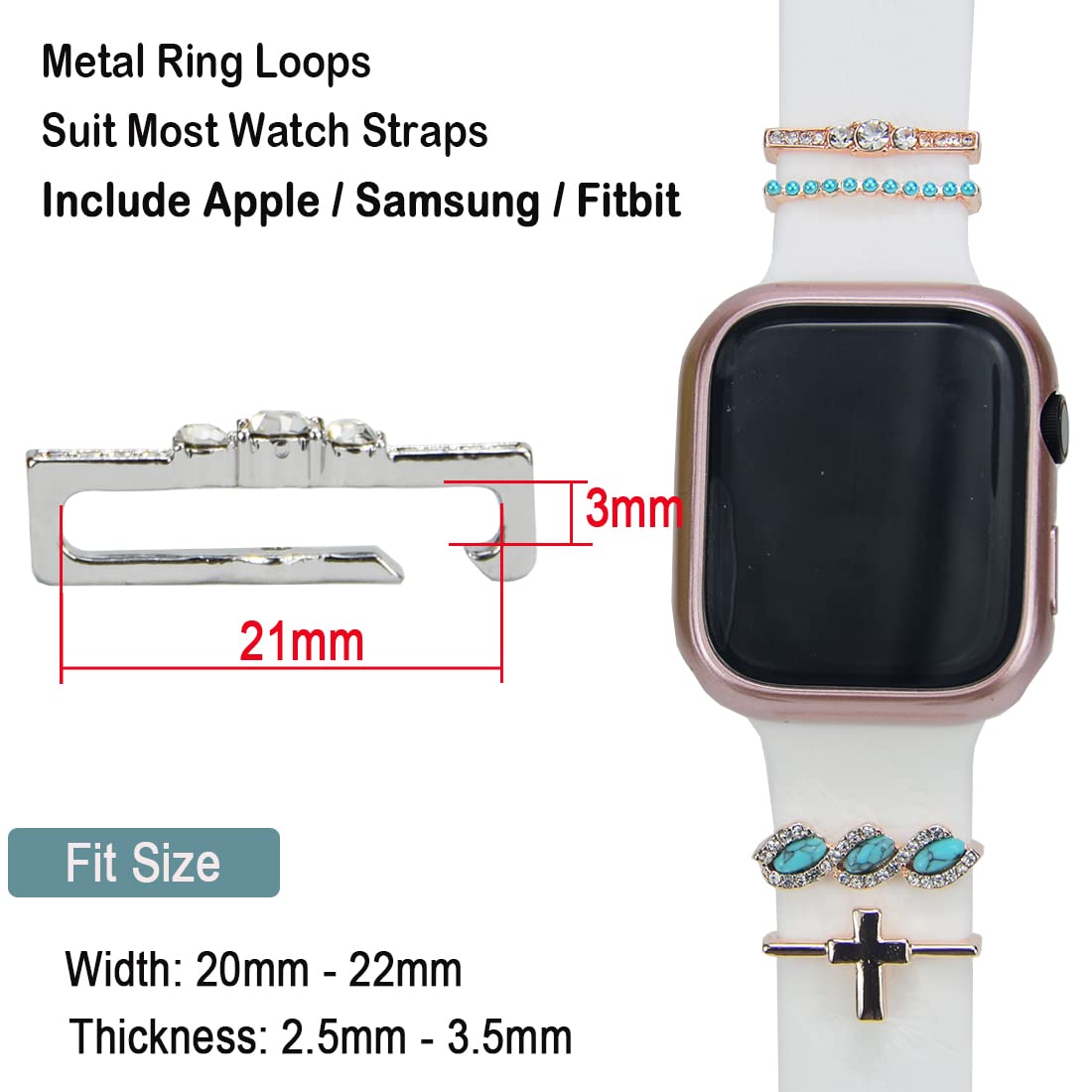 Sunoreek Cross Rose Gold Watch Band Charms For Apple - Turquoise Decorative Rings Loops For Apple Watch Silicone Leather Bands C