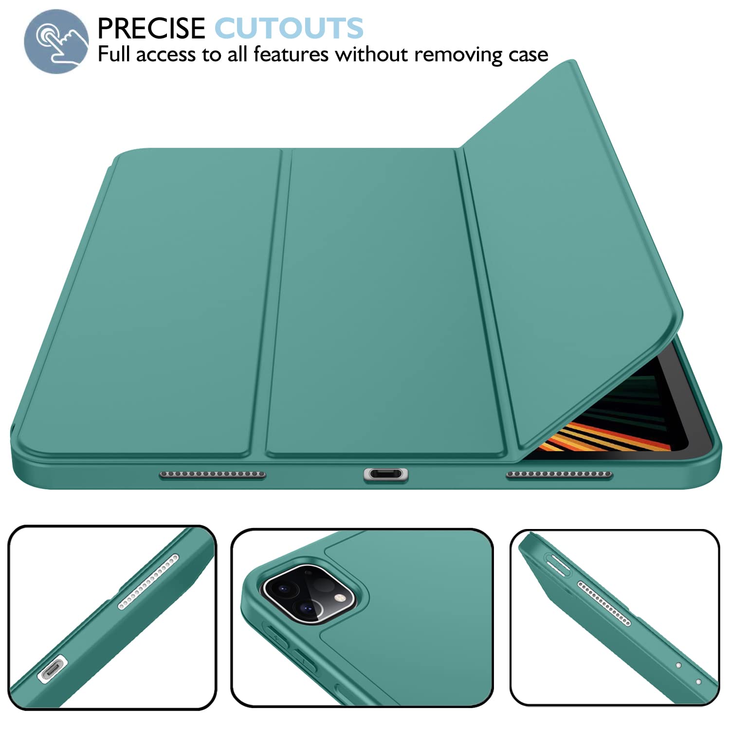 Imieet New Ipad Pro 12.9 Case 2022(6Th Gen)/2021(5Th Gen) With Pencil Holder [Support Ipad 2Nd Pencil Charging/Pair],Trifold Stand Smart Case With Soft Tpu Back,Auto Wake/Sleep(Forest Green)