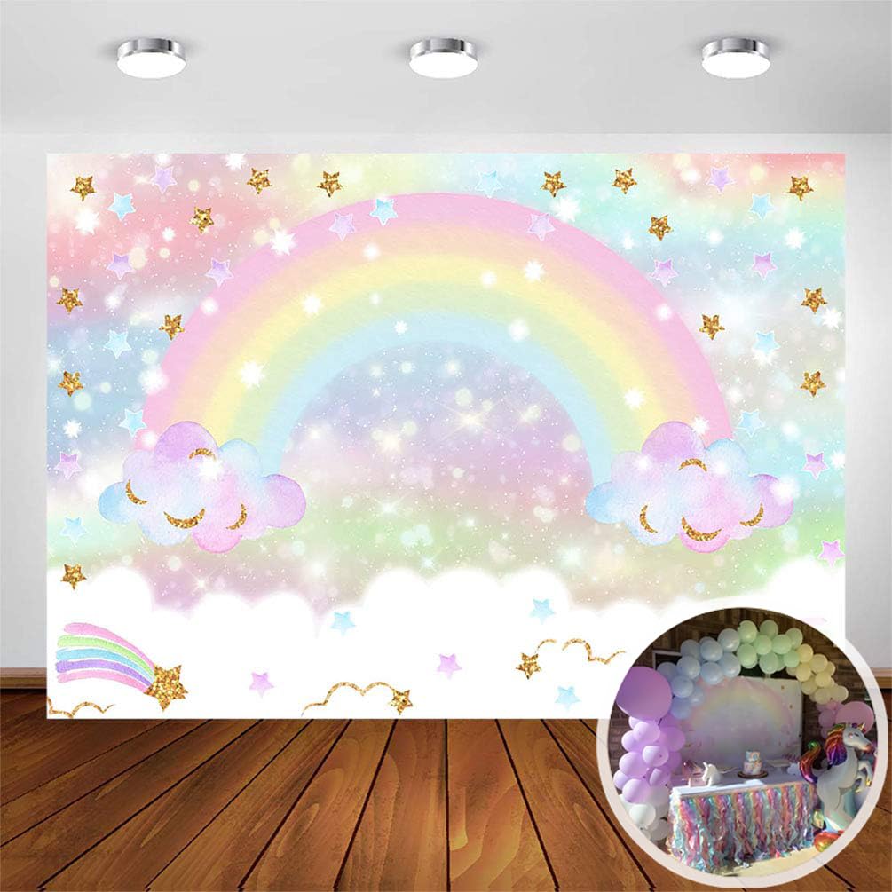 Avezano Rainbow Backdrop For Girls Birthday Party 7X5Ft Glitter Star Rainbow Sky Cloud Photography Background Pastel Rainbow Par