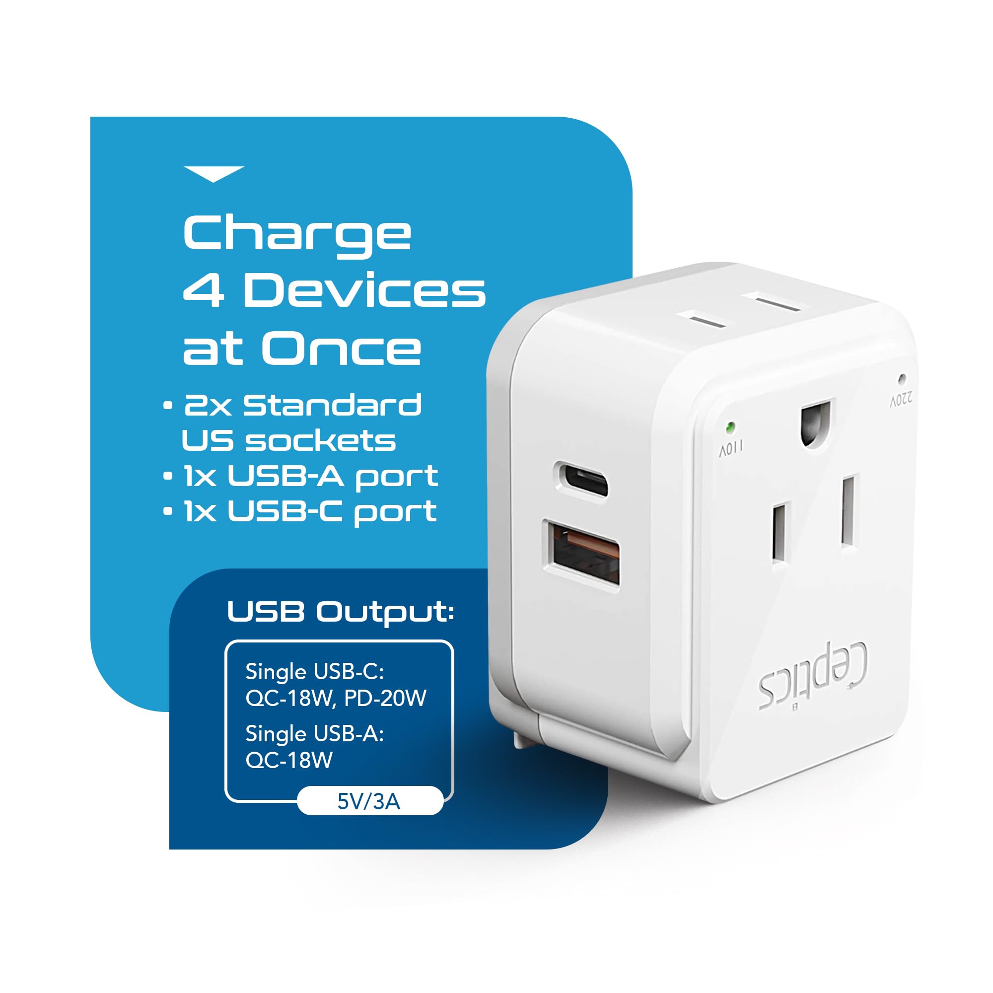 Ceptics Australian Travel Adapter Set, 20W Pd & Qc, Type I 3.1A   4 In 1 2 Usa Inputs, 1 Usb Port, 1 Usb C Port   Australian New