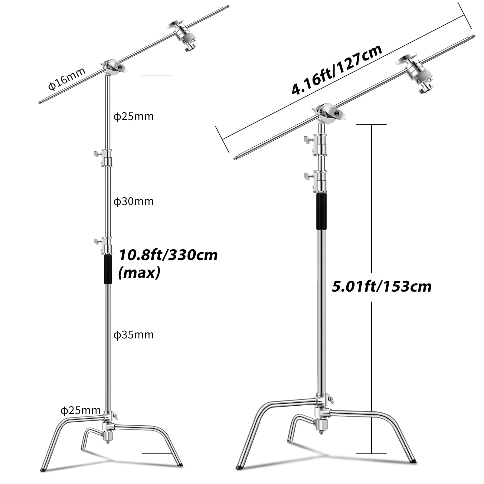 C Stand With Boom Arm Photography Light Stand   Max Height 10.5Ft/320Cm, With 4.2Ft/128Cm Holding Arm , Stainless Steel Heavy Du