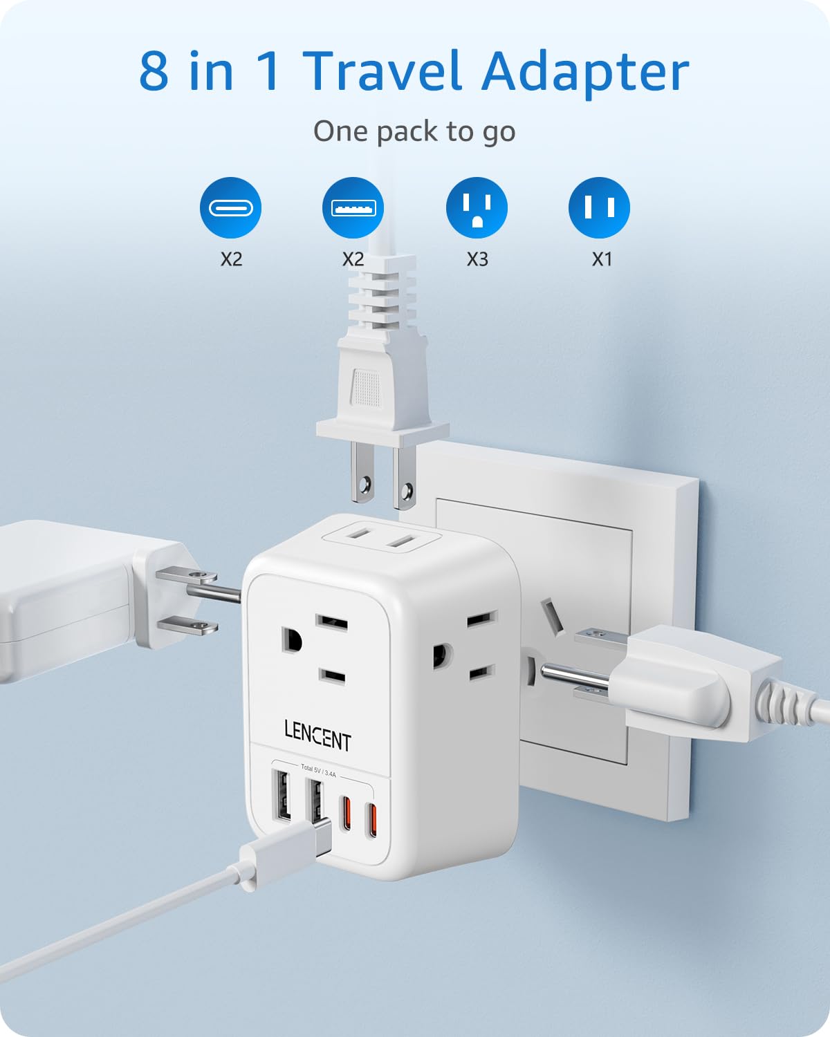 Lencent Foldable Australia Travel Plug Adapter, Us To New Zealand China Power Adaptor With 4 Outlets, 4 Usb Charger(2 Usb C Port