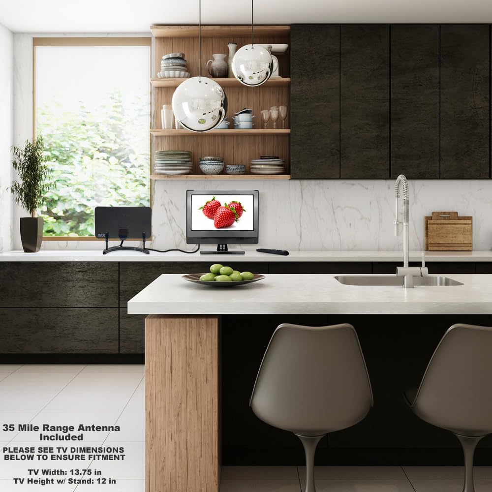 Exuby Small Flat Screen Tv W/ 35Mi Range Flat Indoor Antenna   Perfect For Kitchen, Office, Rv And More   13.3 Inch Led, Watch H