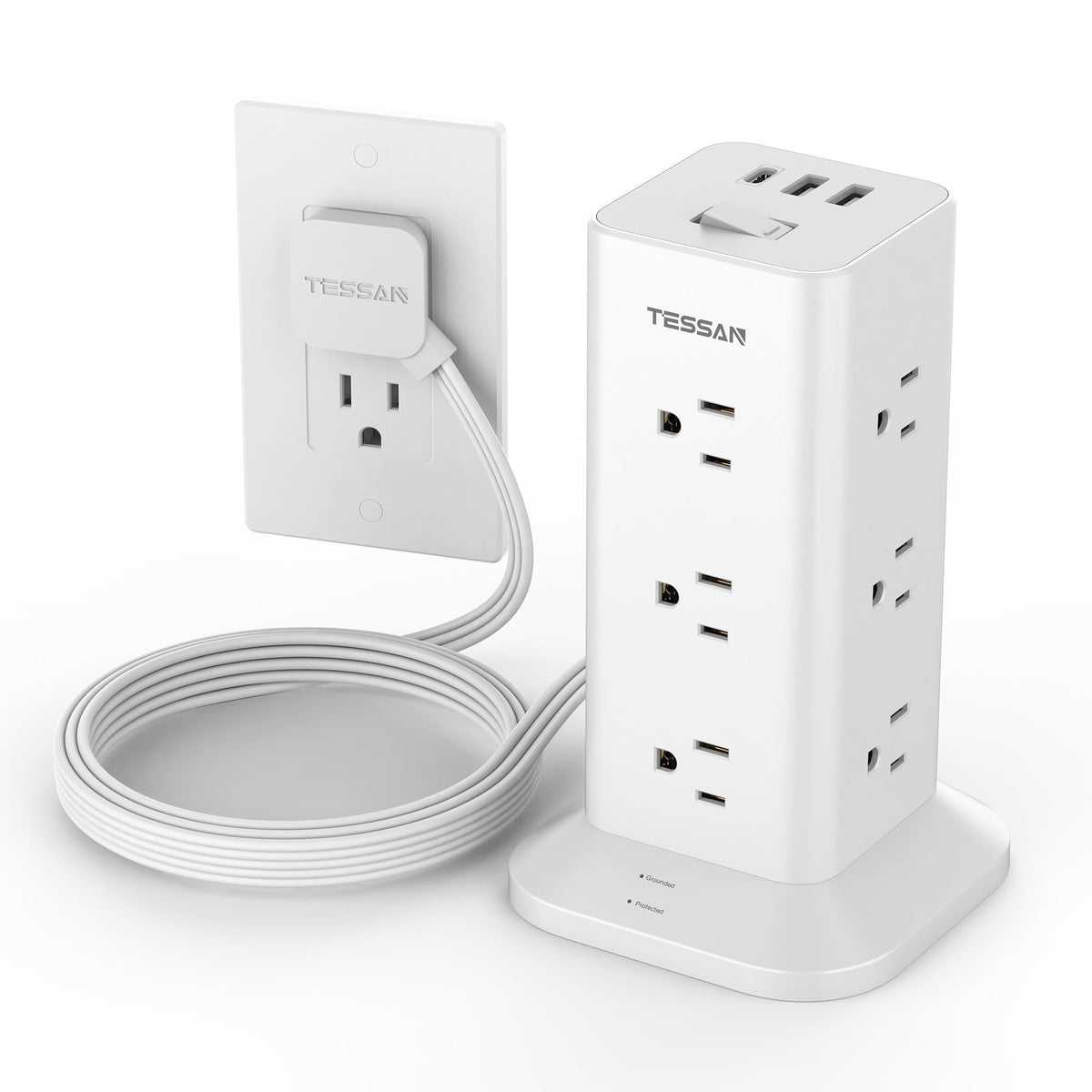 Power Strip Tower With Surge Protection, Tessan Flat Plug Extension Cord 6 Feet With 12 Multiple Outlets 3 Usb Ports (1 Usb C), 