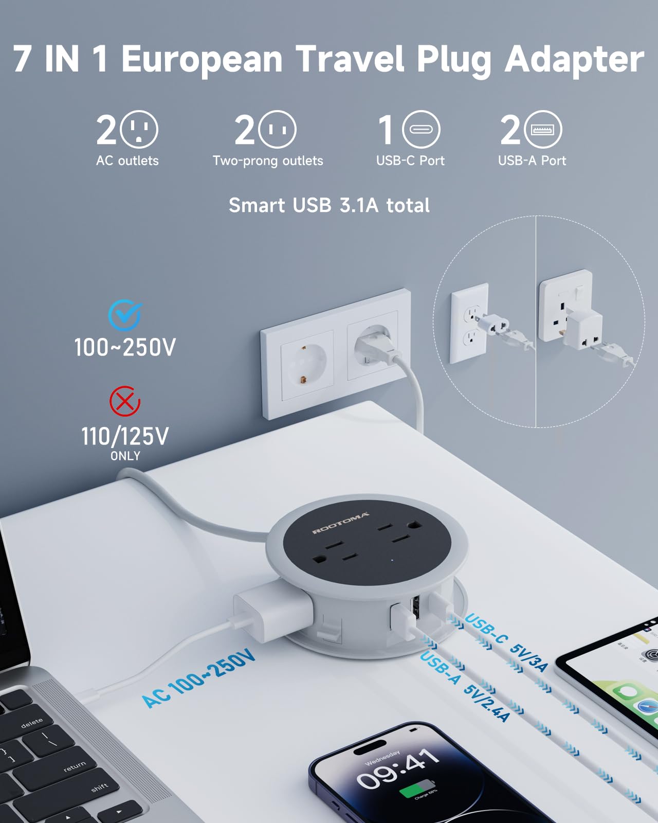 Italy Travel Plug Adapter, 3.6 Ft Winding Compact Mini Outlet Converter With Usb For Eu/Uk/Jpn, Travel Plug Adapter Worldwide Wi