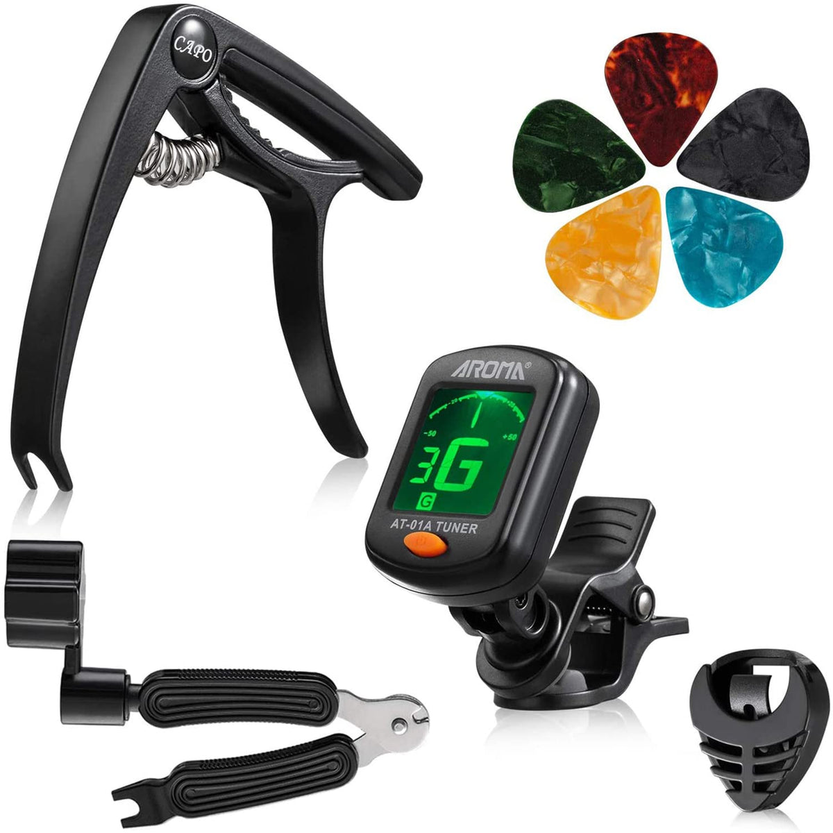 Guitar Accessories Set 9 Pieces Guitar Tool Kit Including Guitar Capo, Tuner, String Winder, Guitar Picks, Guitar Bones Pick Hol