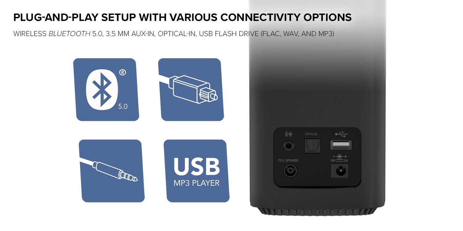 Creative T100 2.0 Compact Hi-Fi Speakers, Up To 80W Peak Power With Bluetooth 5.0, Optical-In, Aux-In, Wide Soundstage And Audio