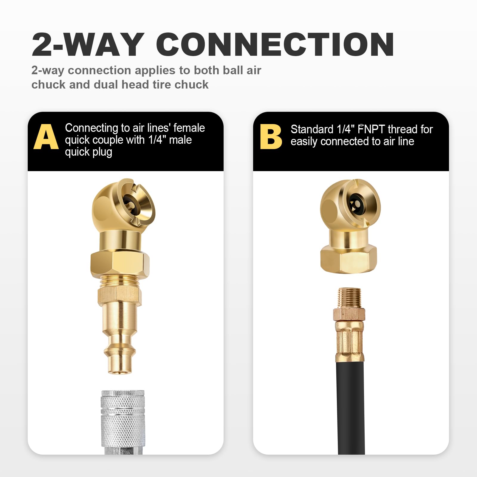 Sardvisa 2 Packs Portable Air Chucks, Solid Metal Closed Ball Air Chuck With 1/4'' Npt Standard Quick Plug, Tire Inflator Gauge