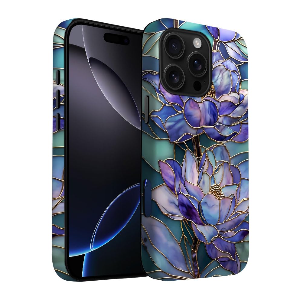 Yuzbira for iPhone 16 Pro Max Case | Stained Glass Purple Lotus | Slim Drop Protection Design