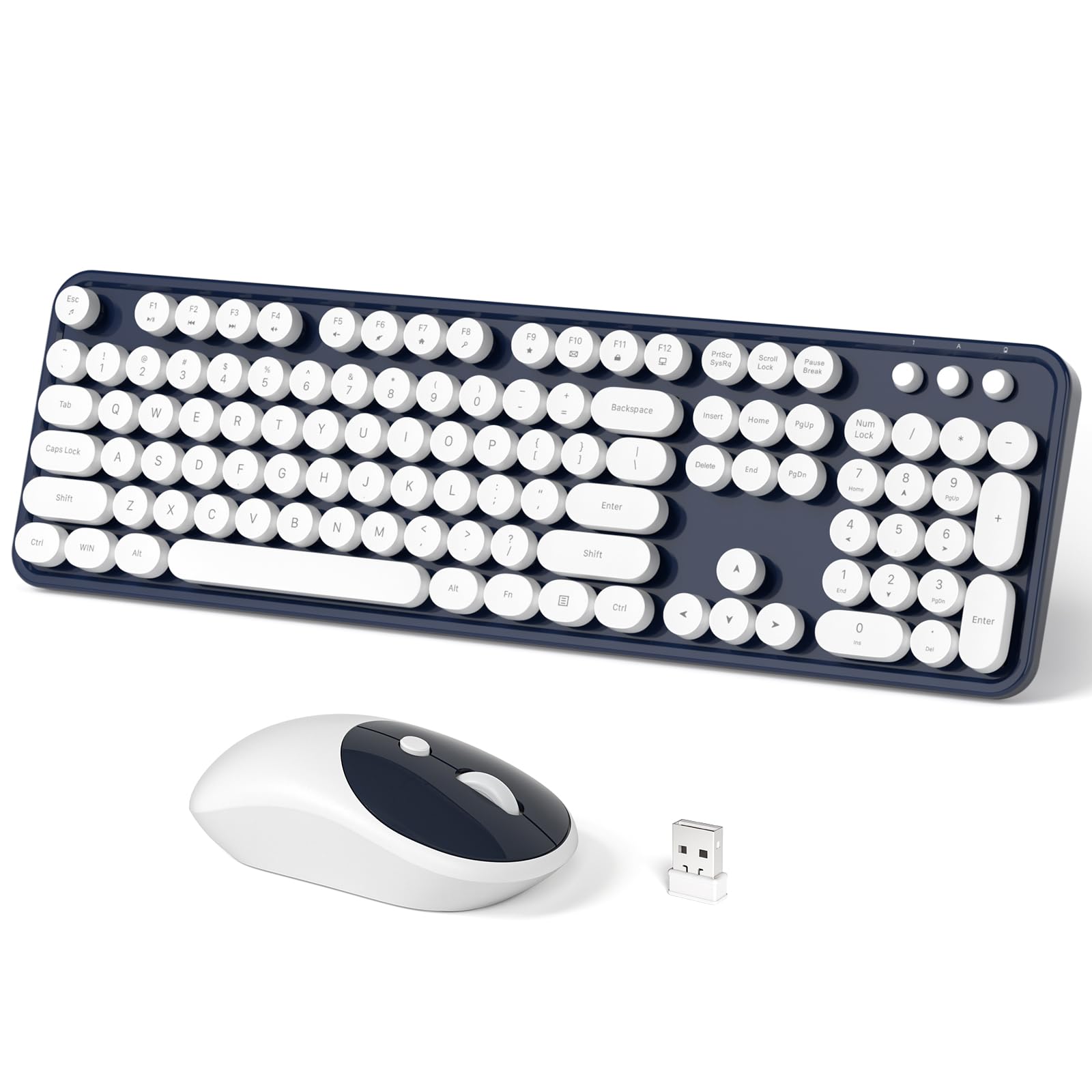Dilter Wireless Keyboard And Mouse Combo, 104 Keys Full Sized Typewriter Keyboards And Retro Mouse, 2.4 Ghz Usb Receiver Plug An