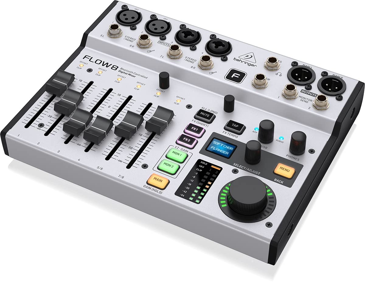 Behringer Flow 8 8-Input Digital Mixer With Bluetooth Audio And App Control, 60 Mm Channel Faders, 2 Fx Processors And Usb/Audio