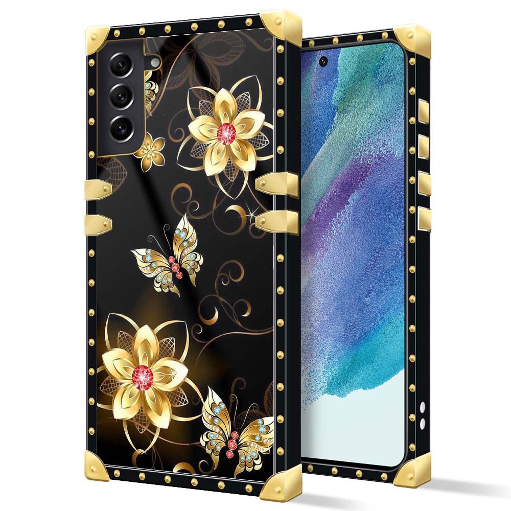 Daizag Compatible With Samsung Galaxy S21 Fe,B Golden Garden Butterfly Square Case Luxury Elegant Women Girls Metal Decoration C