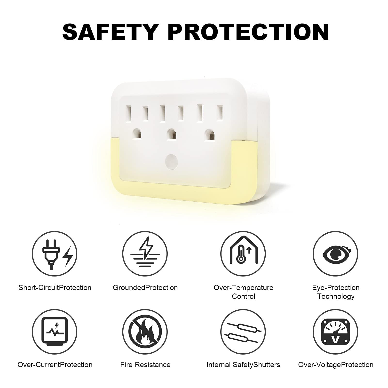 Multi Outlet Wall Adapter 3 Ac Outlet Extender With Warm White Led Light Sensing Outlet Night Light Multi Outlet Portable Chargi