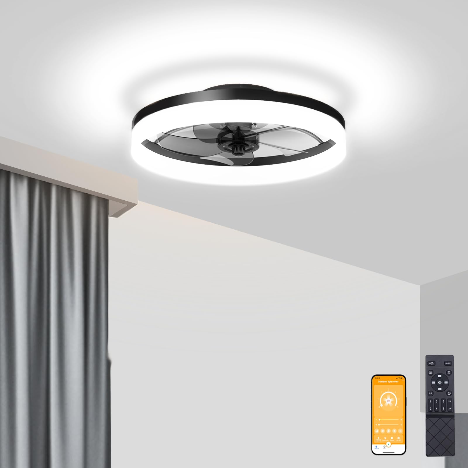 VOLISUN Low Profile Ceiling Fans with Lights and Remote, Fandelier Ceiling Fan Flush Mount, 3000K-6500K Smart Bladeless LED Fan 