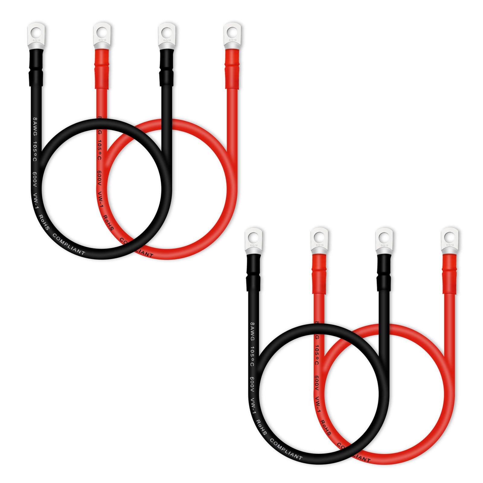 QIATOL 8AWG Battery Cables with 5/16 inch Copper terminals(4PCS 2FT).