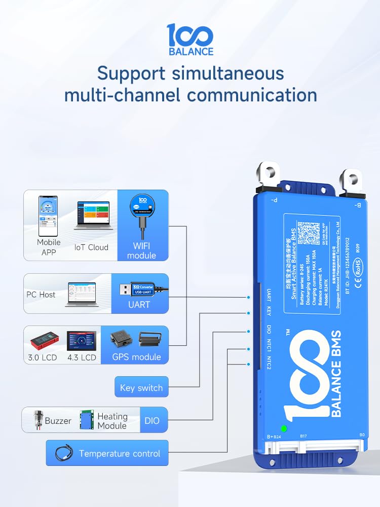 100Balance Bms 150A Active Balance 1A 4S 8S Build In Bluetooth Cell Balancing Smart Pcb Battery Protection Board For Li Ion/Lifp