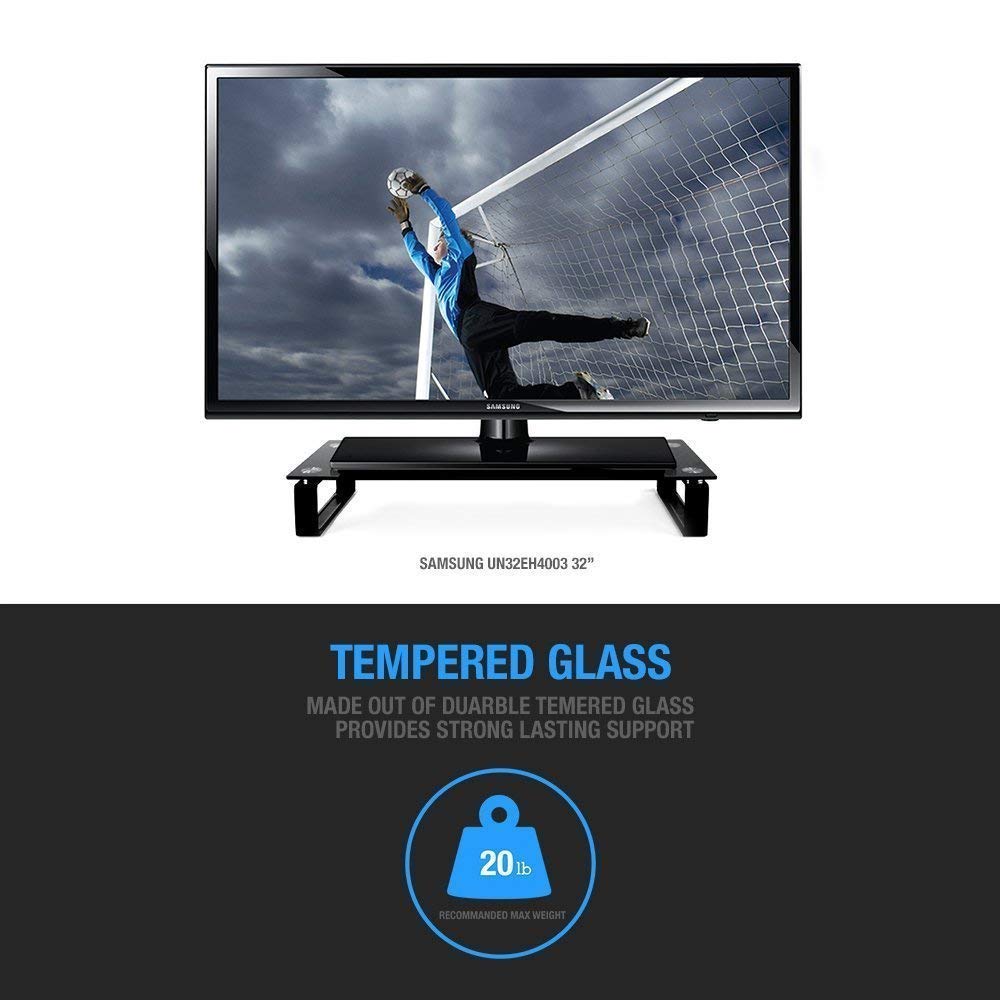 Eutuxia Type S Black Tempered Glass Monitor Stand, Tv, Laptop, Computer, All In One Desktop, Printer Riser [21.75 X 8.25 X 3.25 Inches]