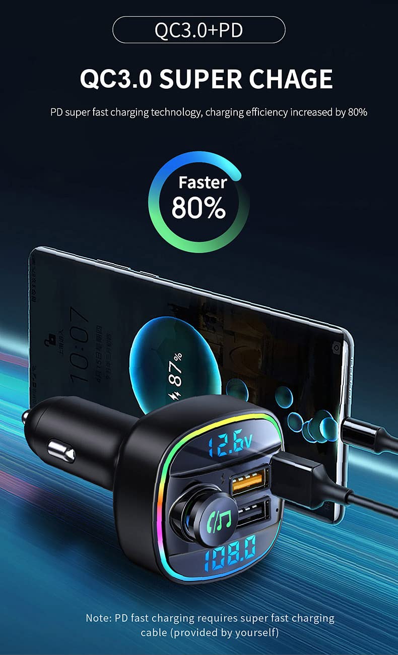 Ohitec Bluetooth Fm Transmitter For Car, Hands Free Calling, Dual Screens Display, Qc3.0 & Usb C Pd 20W Quick Charger & 7 Colors