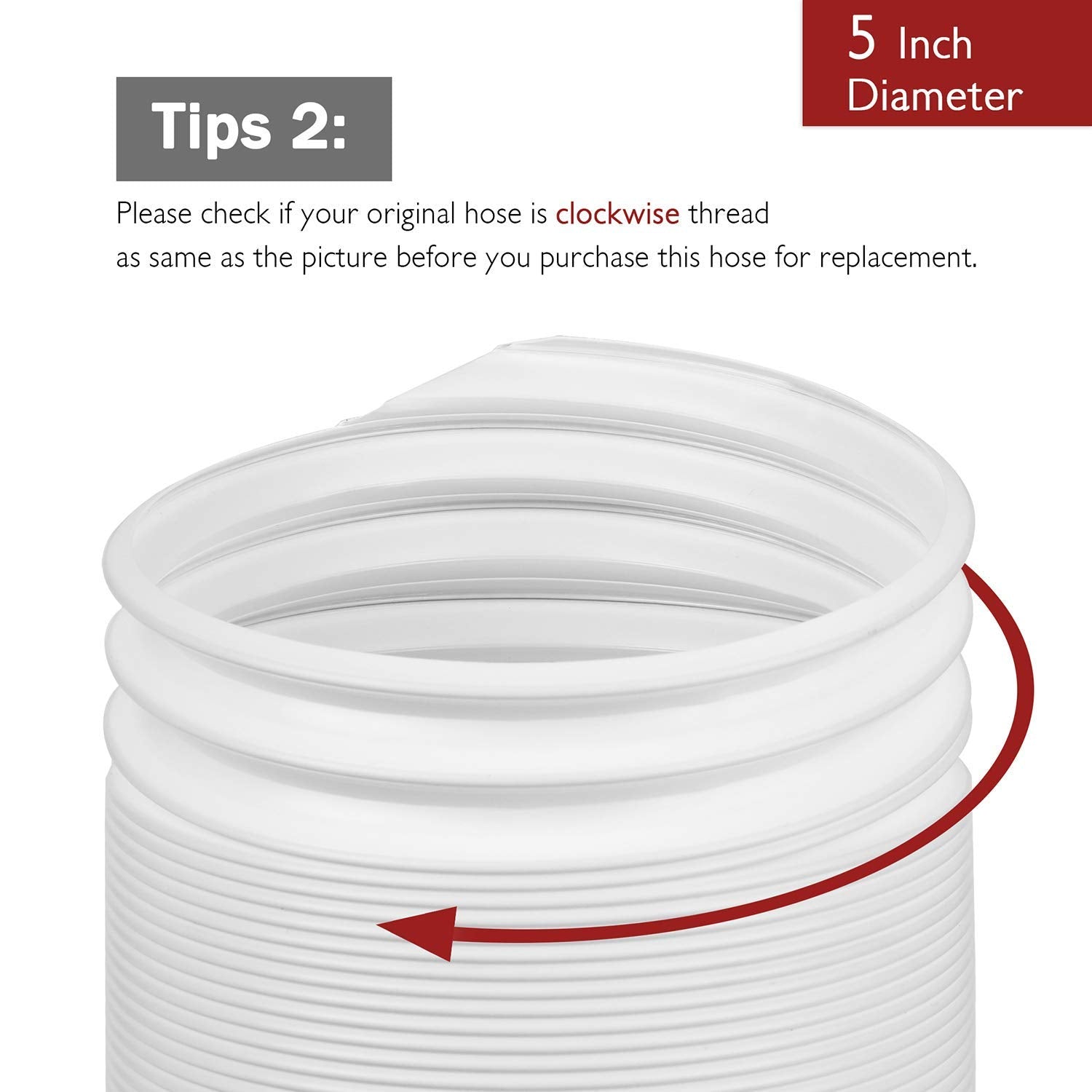 TURBRO 5 Diameter Portable Air Conditioner Exhaust Hose - 78 Long, Clockwise Thread, White Polypropylene
