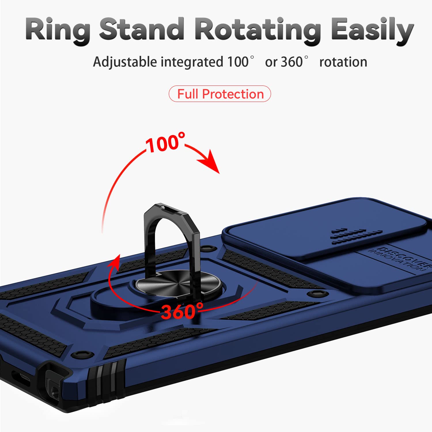 Sunstory For Samsung Galaxy S22 Ultra 5G Case With Hd Screen Protector & Slide Camera Cover & Rotated Ring Kickstand, [Military
