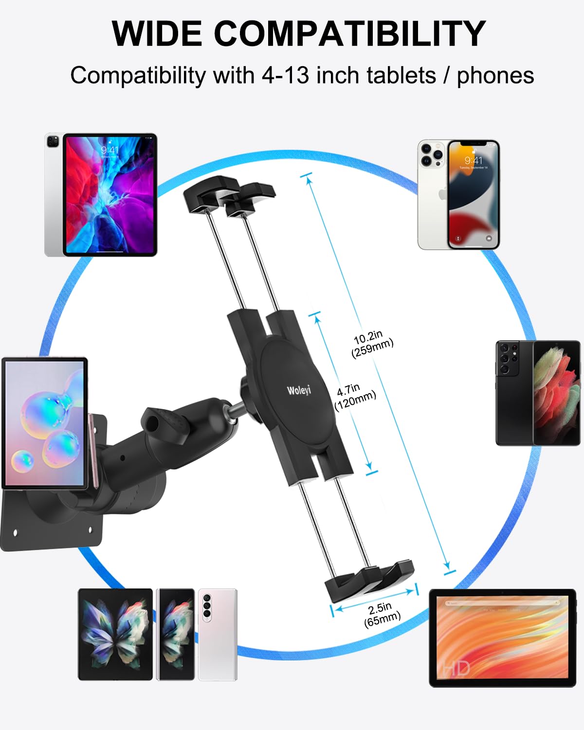 Woleyi Tablet Wall Mount For Ipad - [360 Adjustable Arm] Tablet Holder Stand For Kitchen Cabinet, Under Counter, Desk, For 4-13'