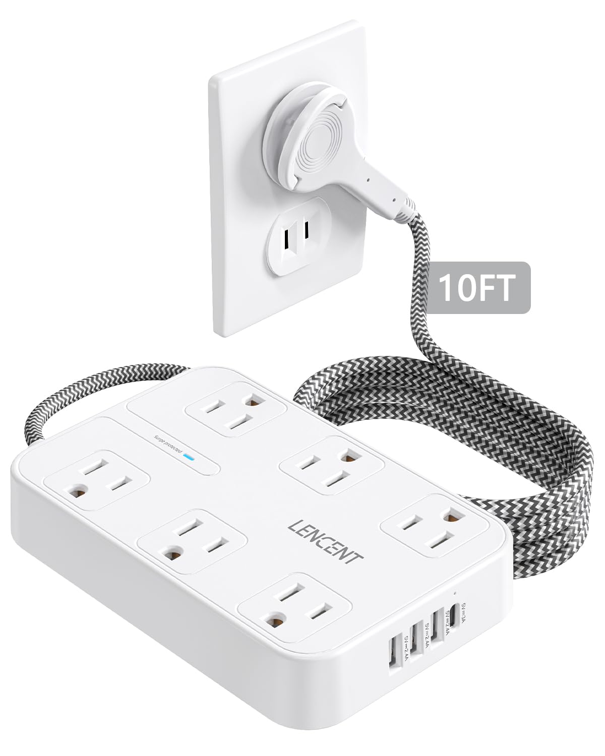 Lencent 2 Prong Power Strip, 3 To 2 Prong Outlet Adapter, Two Prong Surge Protector, 10Ft Braided Extension Cord With Thin Flat