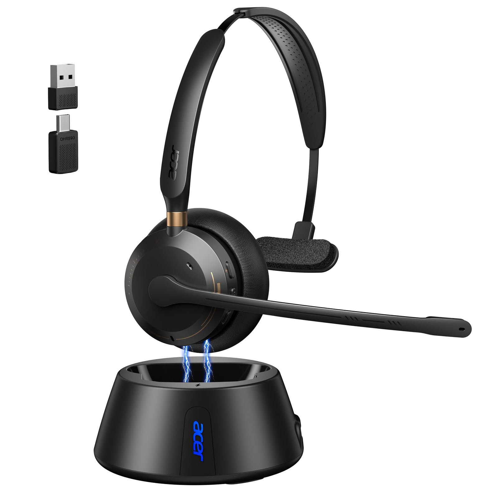 Acer Wireless Headset with Mic for Work, Single Ear Work Headset with Charge Stand for Remote & Office, Bluetooth 5.3 & USB 2.4G