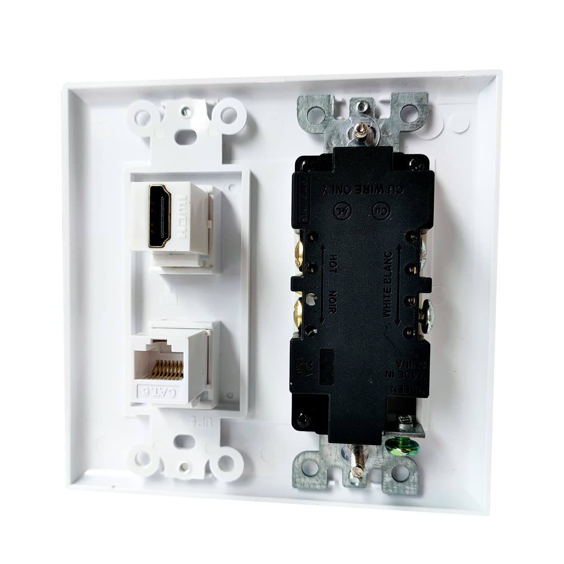 Boplat 20Amp Power Outlet With Ethernet Hdmi Port Wall Plate   Electrical Outlet With 1 Port Hdmi, 1 Cat6 Rj45 Cover Plate   Whi