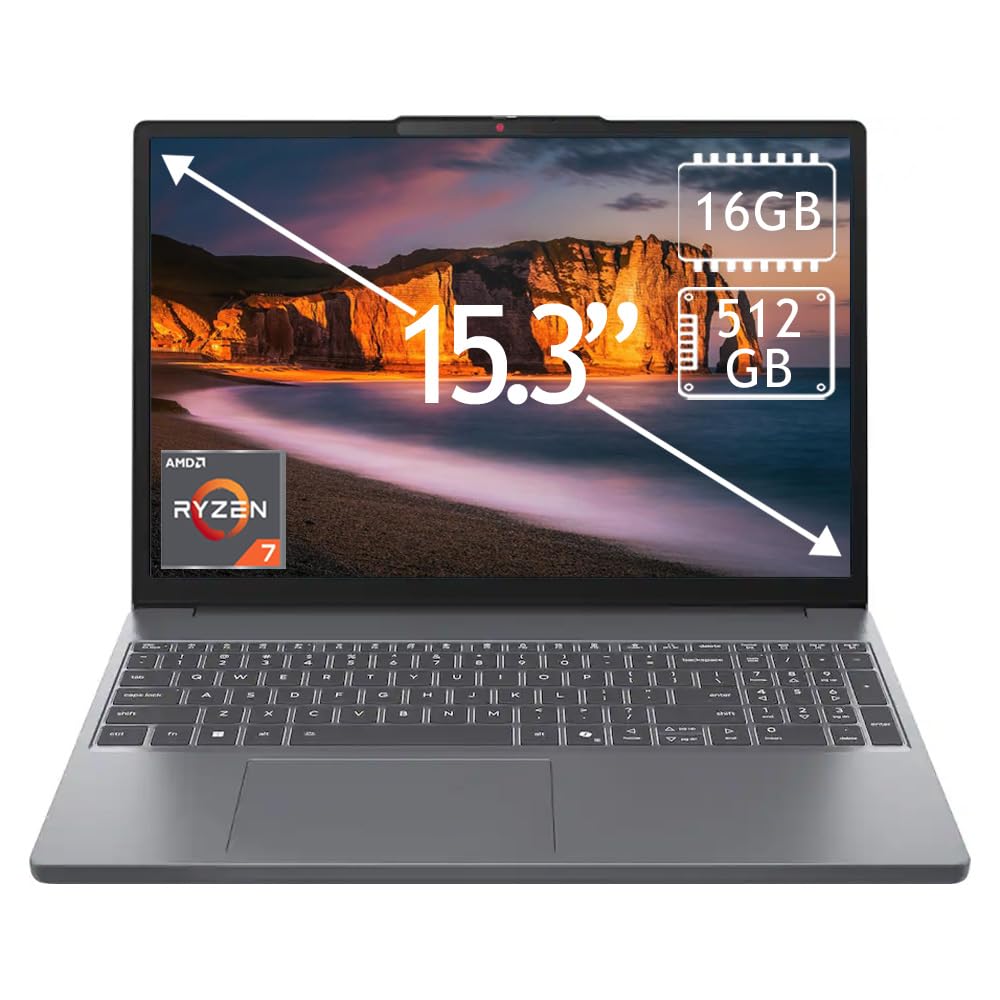 Lenovo IdeaPad Slim 3 15.3 2K Touchscreen Laptop, AMD Ryzen 7 170 Processor, 16GB DDR5 RAM, 512GB PCIe SSD, Full HD Webcam, Wi