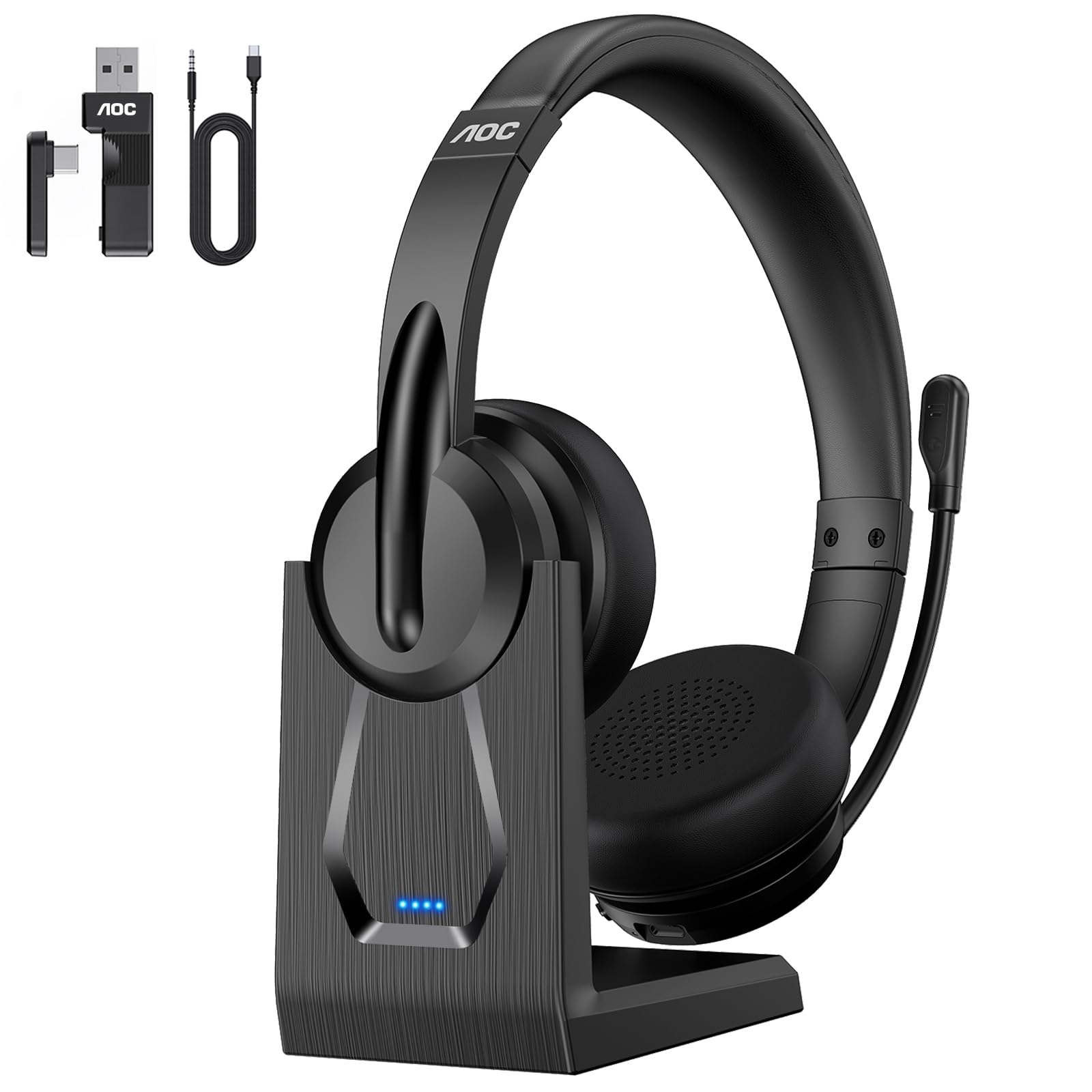 AOC Wireless Headset with Mic for Work, Bluetooth 5.4 Wireless Headset with AI Noise Canceling Mics, USB A/C Dongle, Charging Ba