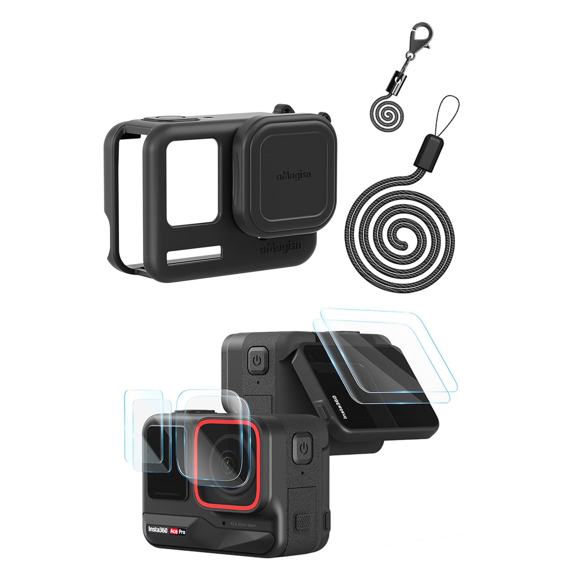 Rszfnjxry Silicone Protective Cover Case With Silicone Lens Cover,Screen And Lens Protector For Insta360 Ace Pro (Ace Pro Black