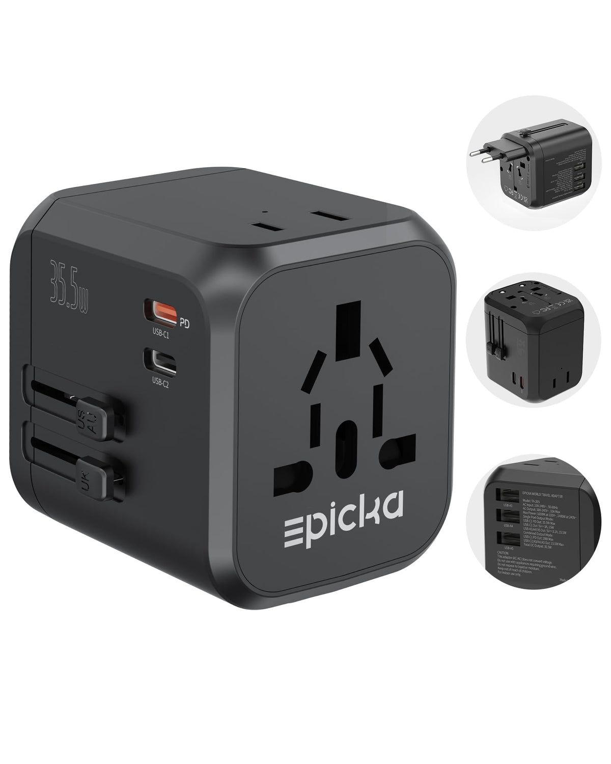 Epicka Universal Travel Adapter, International Plug Adapter With Dual Ac Outlet, 2 Usb C 35W Pd Fast Charging & 3 Usb A, All In