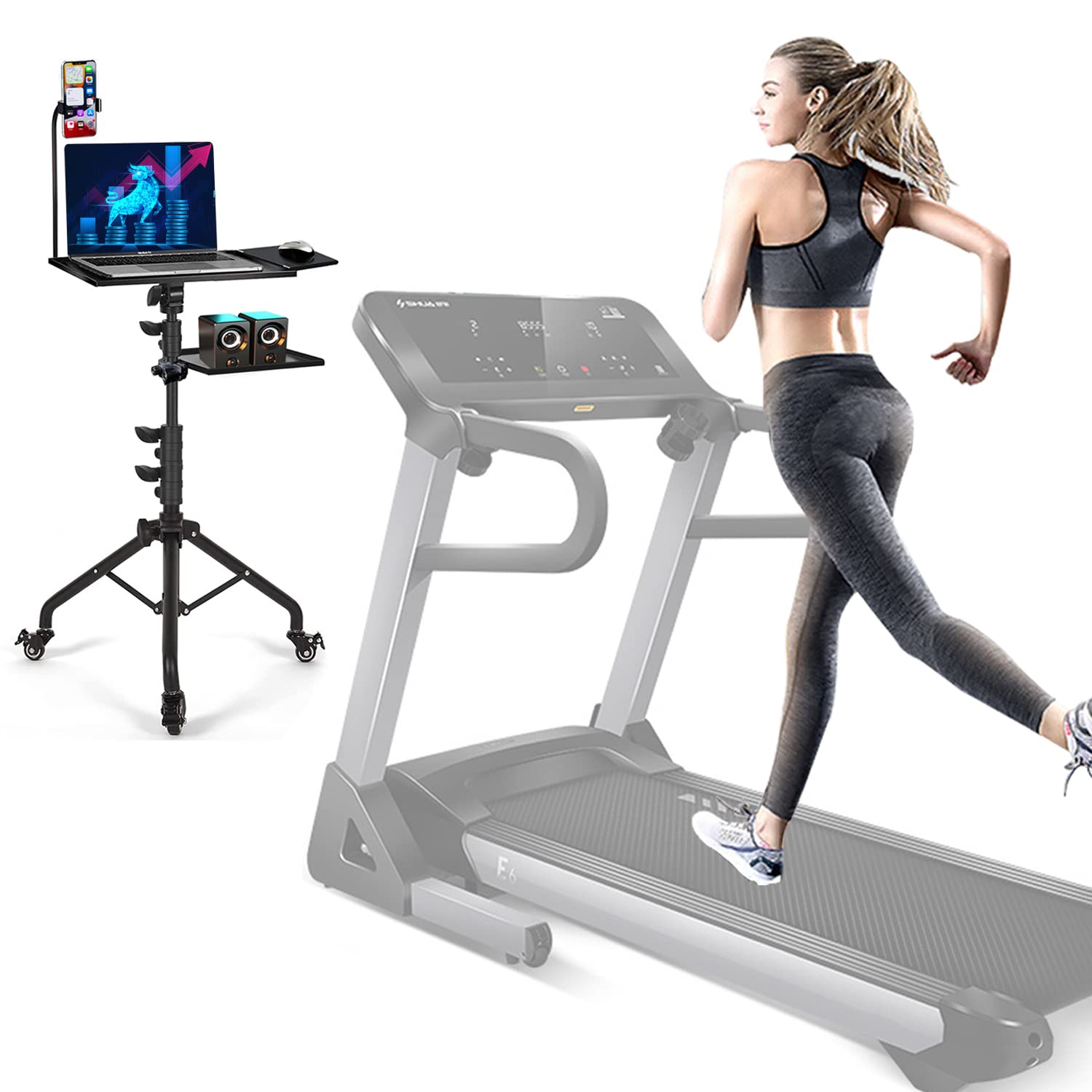 Asltoy Projector Tripod Stand With Wheels Adjustable Height Laptop Tripod Stand Treadmill Laptop Stand With 2 Shelves Phone Hold