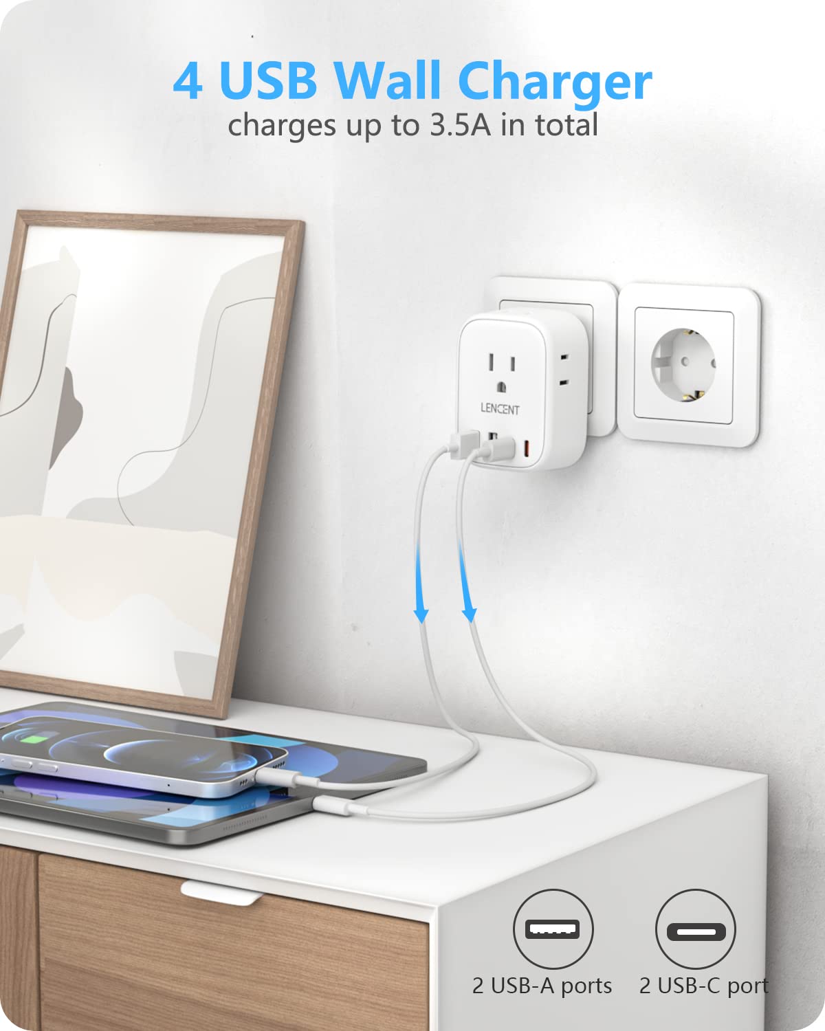 Lencent 3 Pack Germany France Travel Power Adapter, Schuko Type E/F Power Plug Adaptor With 4 Usb Ports(2 Type C),4 Outlet Conve