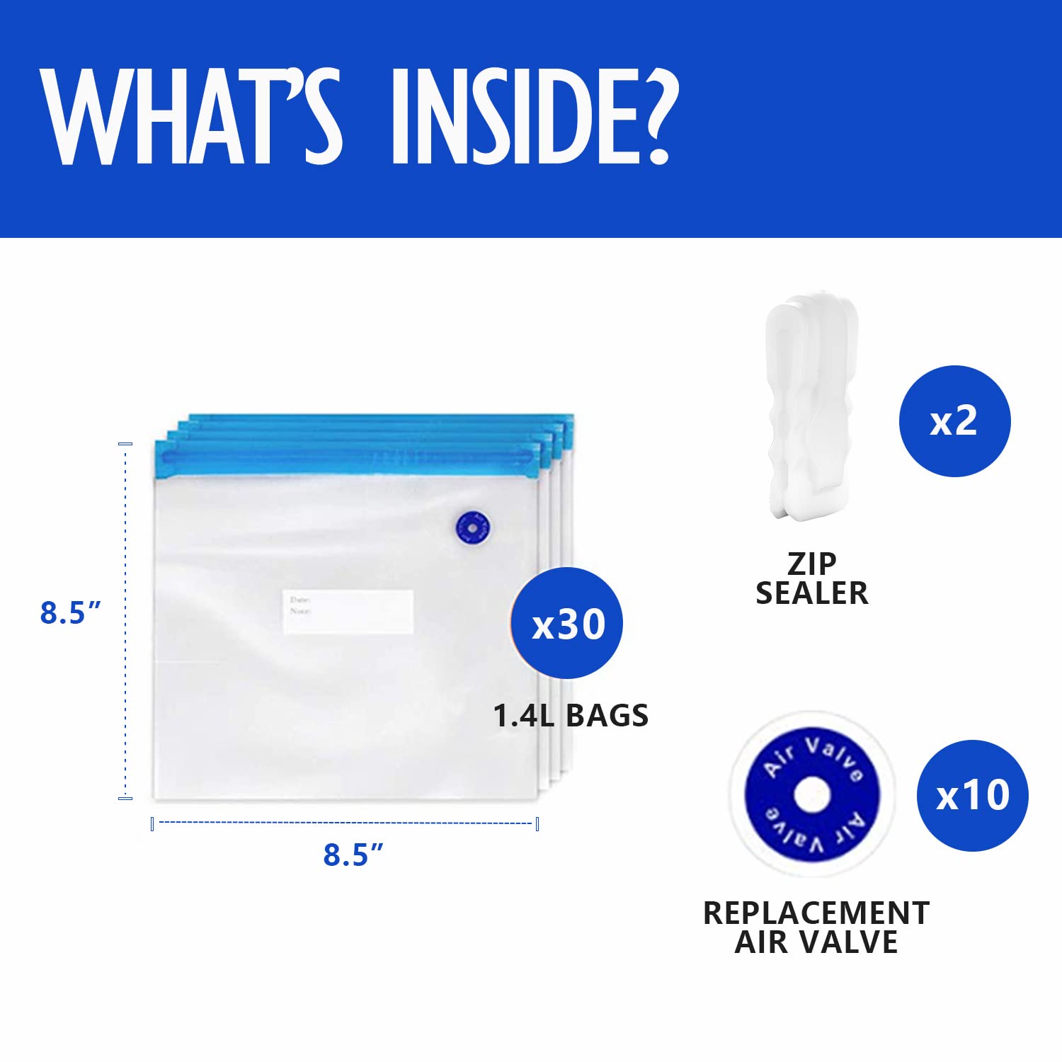 Vicarko 30 Vacuum Zipper Bags, Vacuum Sealer Bags, Food Storage, Reusable Bags, With Double Layers, Bpa Free, 1.4L, 8.5 X 8.5'